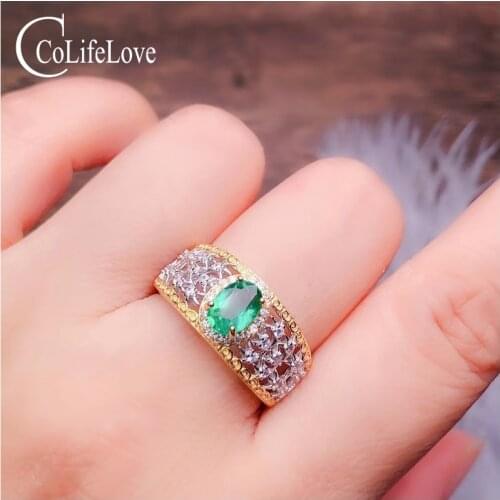 CoLife Jewelry Natural Emerald Ring for Party 5mm*7mm Colombia Emerald Vintage 925 Silver Ring Resizable Emerald Ring
