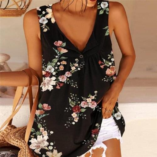 2021 New Fashion T-Shirt Temperament Commuter Loose Flower Printed V-Neck Button Sleeveless Pullover Vest Womens Top Summer