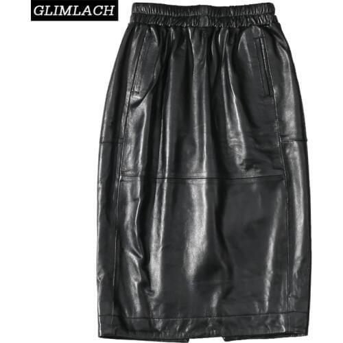 2019 Real Leather Skirts Women Black Elastic Waist Knee Length Streetwear Female Skirts Office Genuine Sheepskin Ladies Skirt