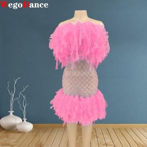Pink Pearl Fringe Transparent Short Dress Women Dancer Show Birthday Prom Party Latin Dance Outfit