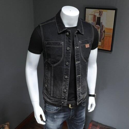 Mens Denim Vest Motorcycle Sleeveless Black Coat Single Breasted Vintage Waistcoat Jacket Male New Slim Fit Casual Top Outerwear