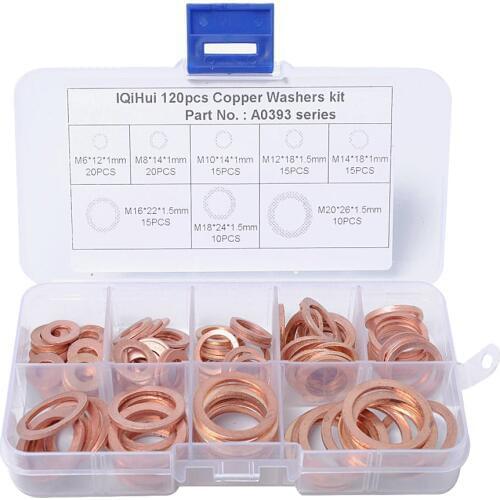 120 Pcs 8 Size Car Assorted Solid Copper Crush Washers Assortment Seal Flat Oil Brake Rings For Auto Boat RV Truck Trailer
