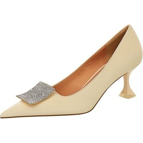 2021 Summer Women Yellow 6cm High Heels Pumps Pointed Toe Crystal Buckle Low Heels Office Lady Rhinestone Wedding Bridal Shoes