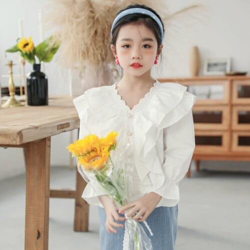 2021 Spring Toddler Girl Clothes Kids School Cotton Shirts For Teenage Girls White Blouse Children Ruffled V-neck Blusas 24M-16Y