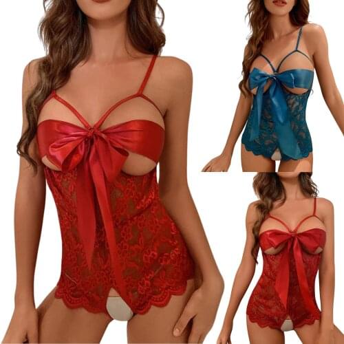 Women Crotchless Sexy Lingerie Cutout Floral Lace Bow Bodysuit with Adjustable Spaghetti Strap