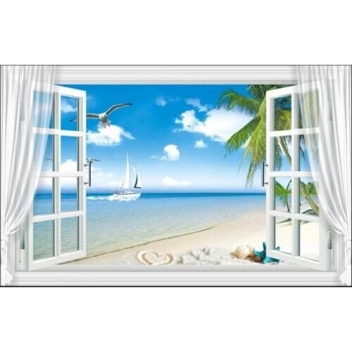 Custom mural 3d wall paper Blue sky and white clouds 3d window curtain beach coconut tree photo wallpaper in the living room