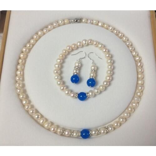 Hot7-8mm White Akoya Cultured Pearl Blue Sapphire Necklace Bracelet Earrings Set