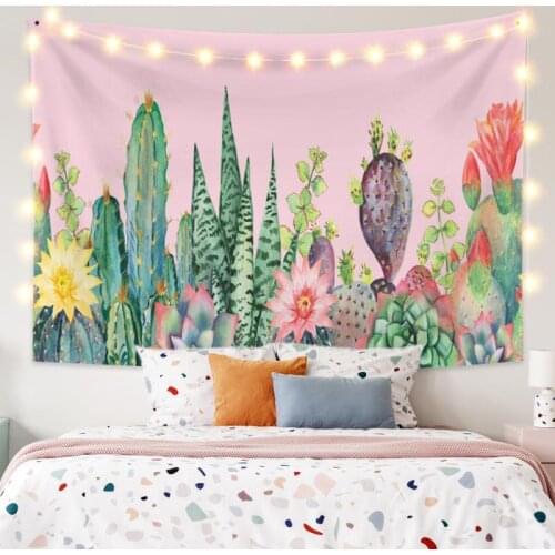 Cactus with Flower Pink Tapestry Vintage Exotic Summer Plant Nature Frame for Bedroom Photography Wall Decor