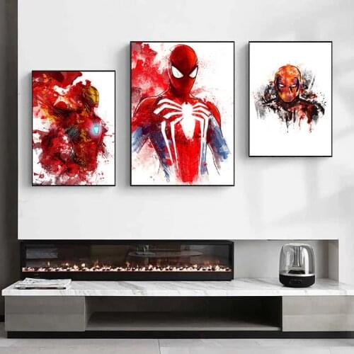 Canvas Painting Marvel Superhero Spiderman Iron Man Anime Water Color Prints Posters Wall Art Pictures for Kids Room Decoration