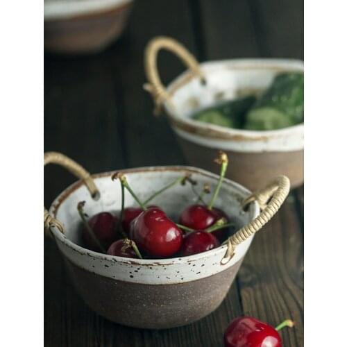 Japanese Style Stoneware Tableware Ceramic Retro Double Ear Bowl Bowl Household Fruit and Vegetable Bowl Mini Vegetable Bowl