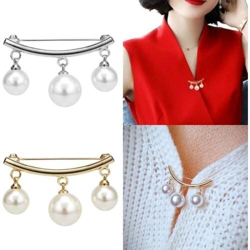 Fashion Pearl Fixed Strap Charm Safety Simulated Pearl Pin Brooch Sweater Cardigan Clip Chain Brooches Jewelry Non-slip Buckle