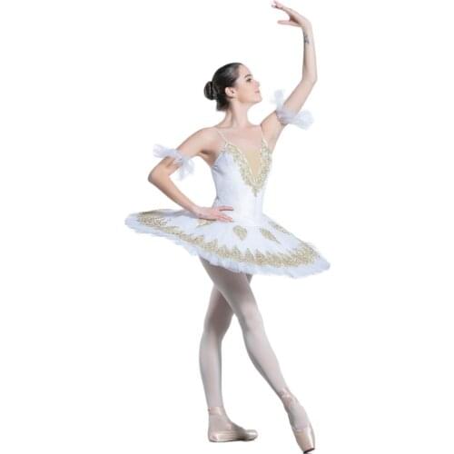New Stunning Pre-professional Ballet Tutu for Girl & Women WhiteVelvet Bodice with Gold Applique Trim Tutu
