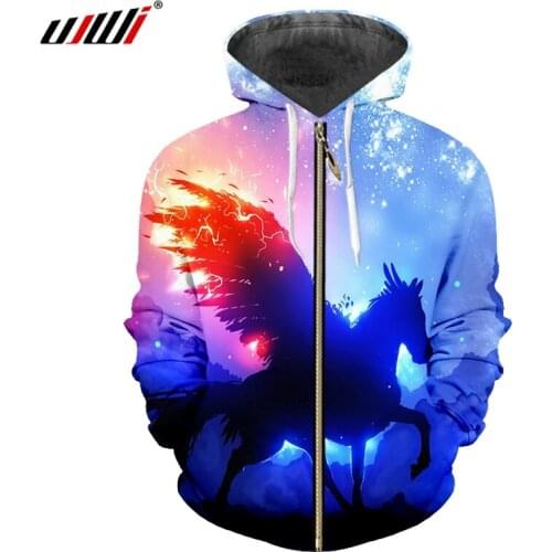 UJWI New Harajuku Starry Horse 3d Printed Zipper Hoodies Sweatshirt Loose Casual Men/women Hiphop Long Sleeve Hooded Tops