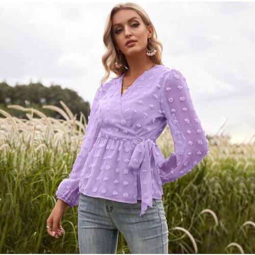 Autumn Solid Color Long-sleeved Women Shirt 2021 New Fashion V-neck Puff Sleeve Bandage Chiffon Jacquard Loose All-match Top