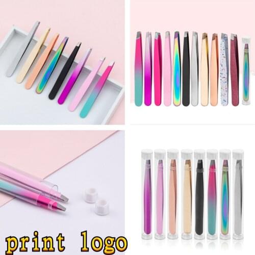 Print 5/10/50Pcs Tweezers Stainless Steel Eyebrow Tweezers Pink Slanted Black Tip Point Face Harmless Makeup Beauty Tool Sliver