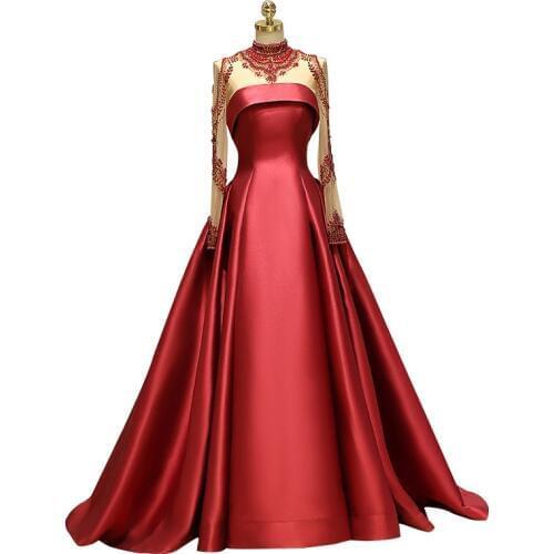 Luxury Taffeta Full Sleeves with Beading Tulle Sequined Ball Gown Long Evening Dresses Vestido de noche Robe de soiree 63695