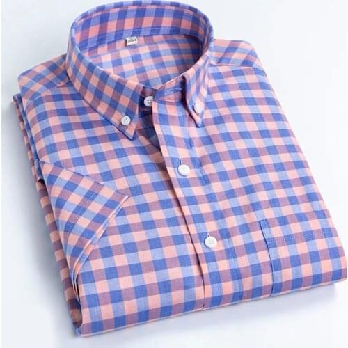 8XL Oversized Button Up Shirt Plaid 100% Cotton Mens Shirts Short Sleeve Casual Slim Fit Shirt Men Half-sleeved Korean Clothes