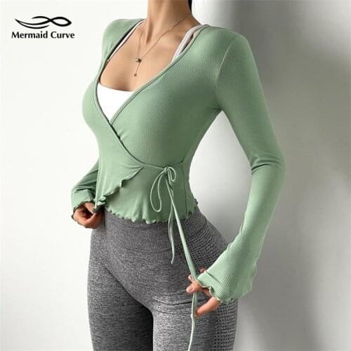 Mermaid Curve Sexy Pilates Yoga Shirt Female Long Sleeve Lace-Up Bandage Sports Tops Running Quick Dry Slim Dance Yoga Clothes