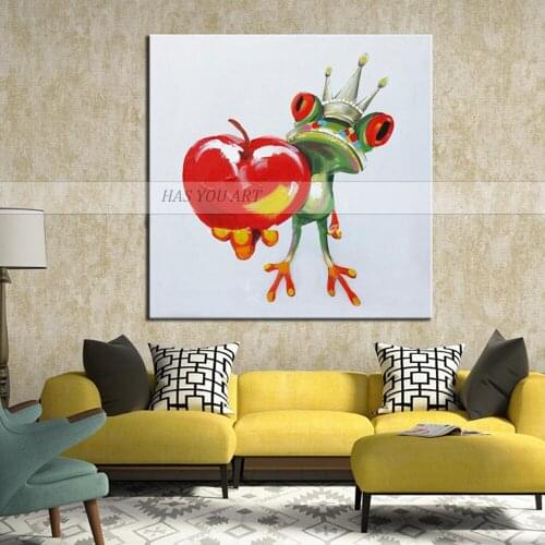 Handpainted animal canvas oil Painting Abstract frog with apple Wall Painting wall art pictuire for kids room Home Decoration