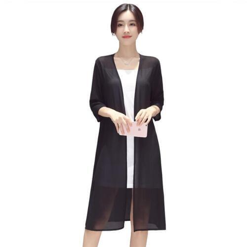 2020 Spring Summer New Solid Color Chiffon Long Shirts Cardigan V-neck Fashion Elegant Casual Shirt Vestidos Plus Size 7XL Black