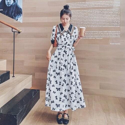 Bow Print Bandage Dresses for Women 2021 Summer Fashion Korean Elegant Short Sleeve Lapel Loose Casual Party Shirt Maxi Dress