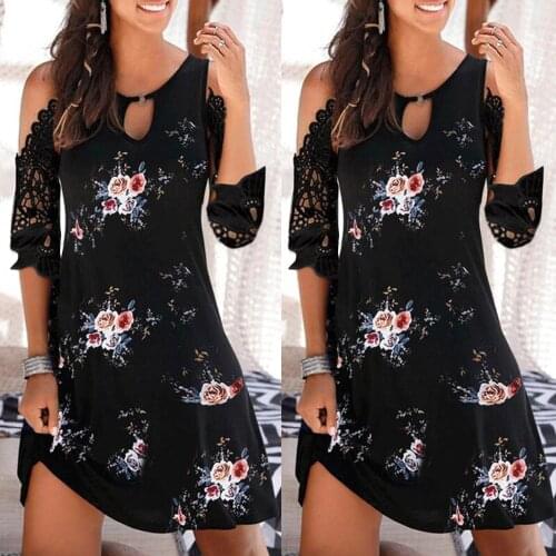 Elegant Cold Shoulder Round Neck Lace Half Sleeve Dress Floral Print Hollow Out Ladies Mini Dress Female Patchwork Vestidos D30