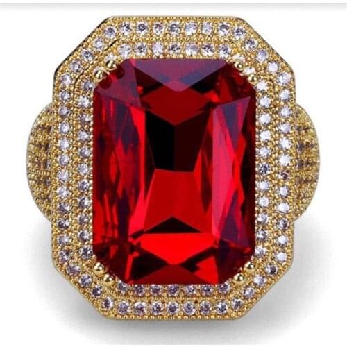 Luxury Golden full Crystal Red Cuboidal Zircon Ring for Women Engagement Party Wedding Rings Jewelry Hand Accessories