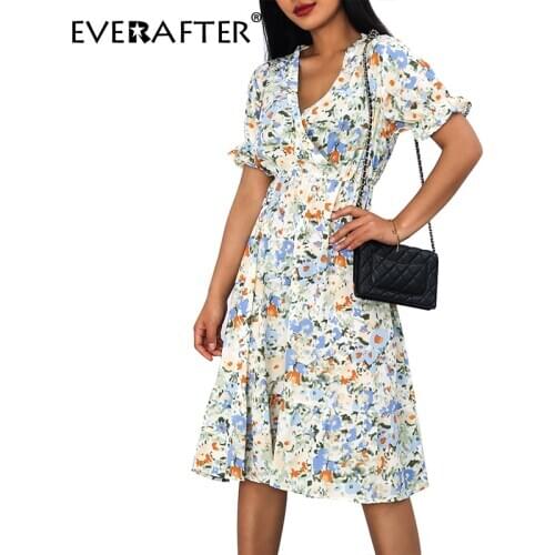 EVERAFTER Sexy v-neck floral print midi dress Elegant short sleeve ruffles female high waist sundress Summer beach holiday dress