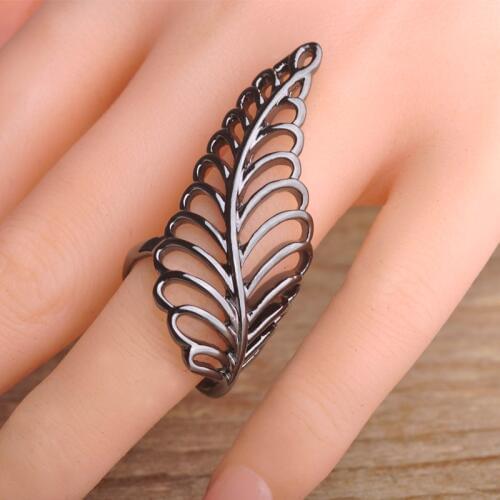 Blucome Brand Hollow Flower Leaf Shaped Rings Black Gun Color Long Rings Retro Vintage Leaf Ring For Women Boho Finger Jewelry