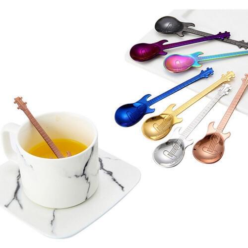 1pc New Chic Rainbow Guitar Shaped Coffee Tea Spoon Colorful Stainless Steel Coffee Tea Spoon Dessert Drinking Spoon Scoop