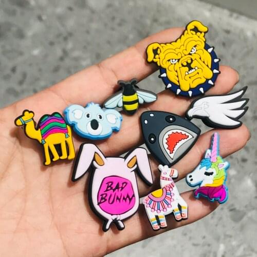 1Pcs Dog Cartoon Animals Shark Unicorn Bad Bunny PVC Shoe Charms Accessories Clog DIY Wristbands Backpack Kids Party Xmas Gifts