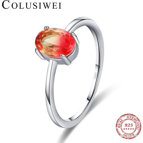Colusiwei Fashion Rainbow Fire Tourmaline Rings 925 Sterling Silver Oval Cut Finger Ring for Women Simple Korea Style Jewelry