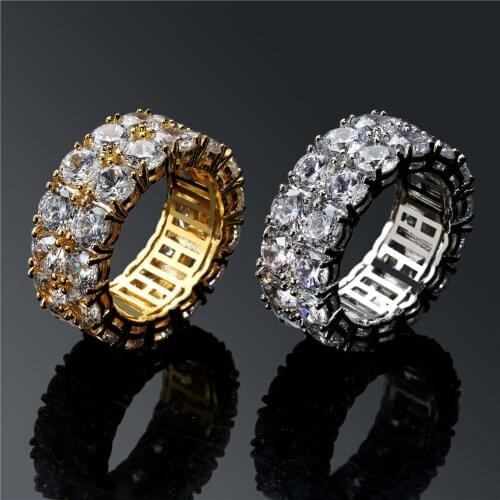 New Design, Gold Color Plated Ring, Double Row Iced Out Micro Paved Zircon, Hip Hop Finger Ring for Men