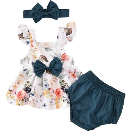 Summer Newborn Infant Baby Girls Ruffles Floral Printed Fly Sleeve Bowknot Dress Solid Colors Shorts Hairband Outfits Set