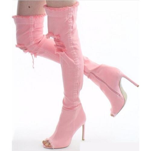 Hot Selling Denim Pink Thigh High Boots Peep Toe Ripped Jeans Overknee Boots Women High Heel Cut-out Gladaitor Sandals Boots