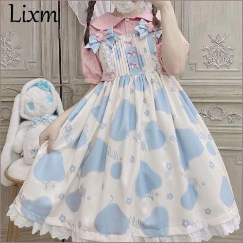 Blue Color Sweet Lolita Dress [Milk candy] Milk Pattern Bownknot Princess High Waist Jsk Cute Sleeveless Dress Summer