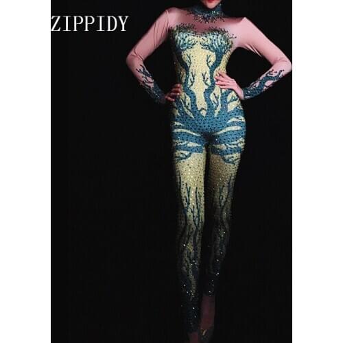 Fashion rhinestones Long Sleeves Elastic Jumpsuit Womens Stage Skinny Leggings Nightclub Female Singer Costume Outfit
