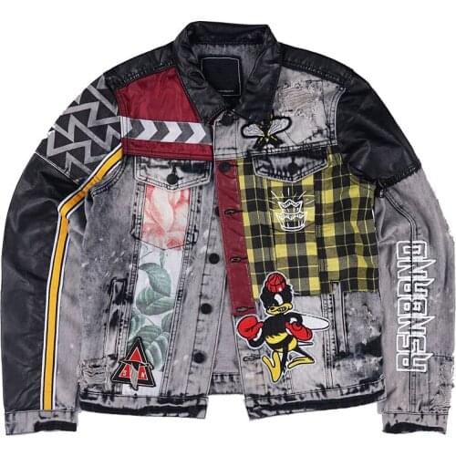 Mens Hip-Hop Denim Jacket Skateboard Street Dance Distressed Hand-Painted Graffiti Multiple Stitching Rock Denim Jacket Male