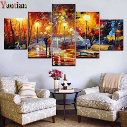 5 pieces set diamond painting Walking In The Rain Full Square Round Diamond Embroidery Nightscape Wall Pictures for Room Decor