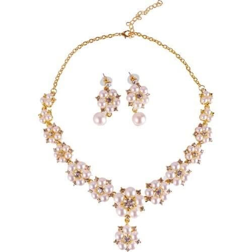 Rhinestone Faux Pearl Floral Necklace Earrings Set Wedding Women Bridal Jewelry