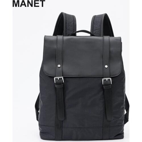 MANET Mens Pu Leather Backpack Black Multifunctional Travelbags Large Capacity Schoolbags High Quality Bookbag Male Leisure Bag