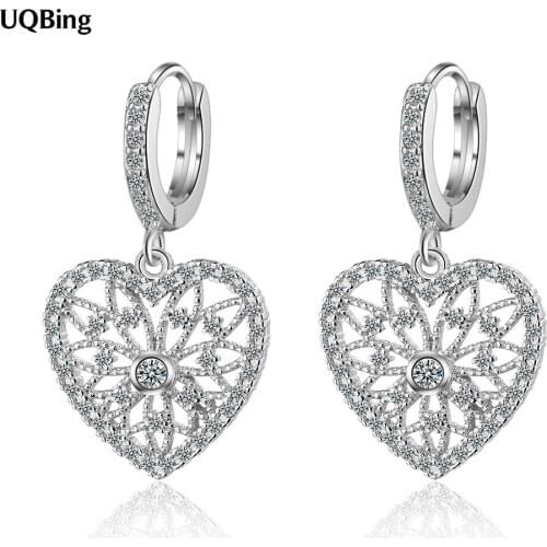 Hollow CZ Zircon Heart Shape Wedding Clip Earrings for Women 925 Sterling Silver Jewelry Gifts