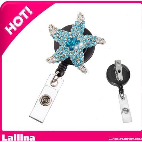 Light Blue Crystal Starfish Rhinestone Retractable ID Badge Holder/Bling ID Badge Reel