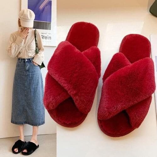 Maomao cotton slippers female 2021 autumn winter new women flat bottom open toe home one word cross plush slippers