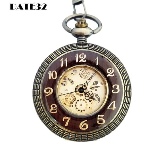High Quality Wood Case Style Mechanical Pocket Watch Antique Skeleton Dial Fob Chain Clock with Gift Box for Men Dropshipping