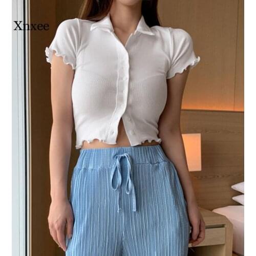 2021 British Knitted Lapel Ribbed t Shirts Short Sleeve Basic Tops Women Summer Tees Fashion Casual Streetwear Slim Cardigan