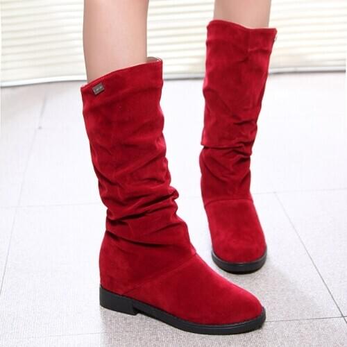 Women Winter Boots Solid Color Flock Mid Calf Boots Female Shoes Slip On Casual