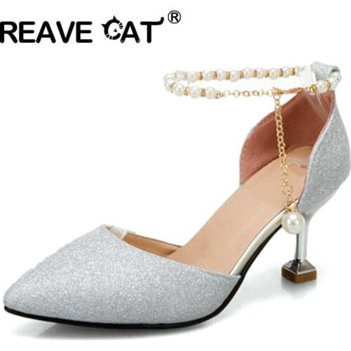 REAVE CAT Women New 2021 Pumps Pointed Toe 6.5cm Thin Heels Buckle Pearl Elegent Stylish Bling Breathable Big Size 43 A3652