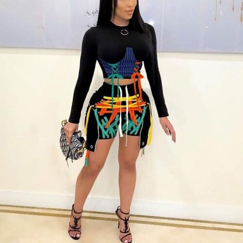 Summer Women Two Piece Set Long Sleeve Lace Up O-Neck Crop Top & Drawstring Detail Shorts Set Chic Streetwear Full