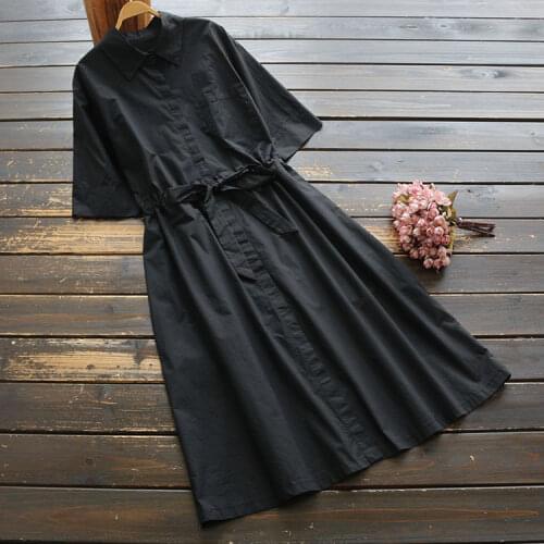 7711 Summer Women Dress Japan Style Mori Girl Elastic Waist Literary Solid Color Cotton Loose Casual Midi Dress